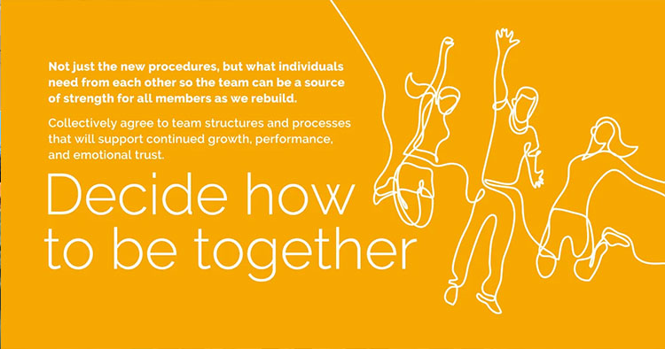 Decide how to be together  Not just the new procedures, but what individuals need from each other so the team can be a source of strength for all members as we rebuild. Collectively agree to team structures and processes that will support continued growth, performance, and emotional trust.