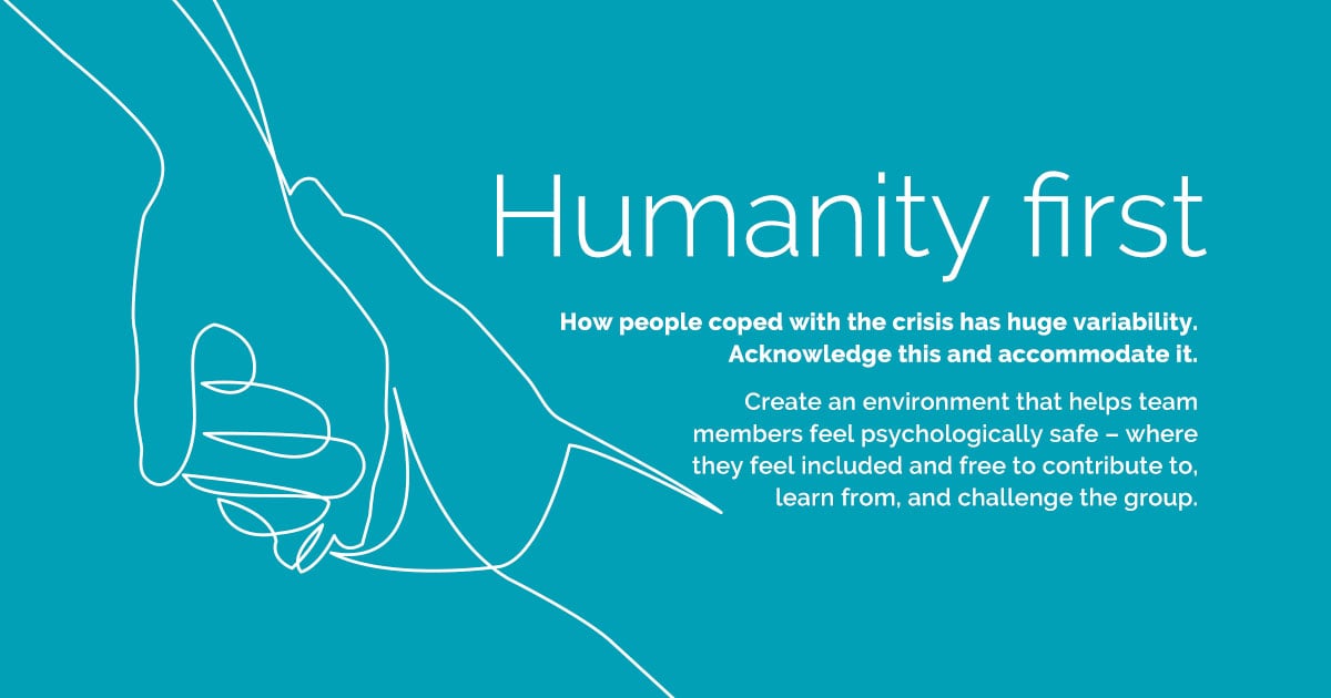 Humanity first  How people coped with the crisis has huge variability. Acknowledge this and accommodate it. Create an environment that helps team members feel psychologically safe – where they feel included and free to contribute to, learn from, and challenge the group. 