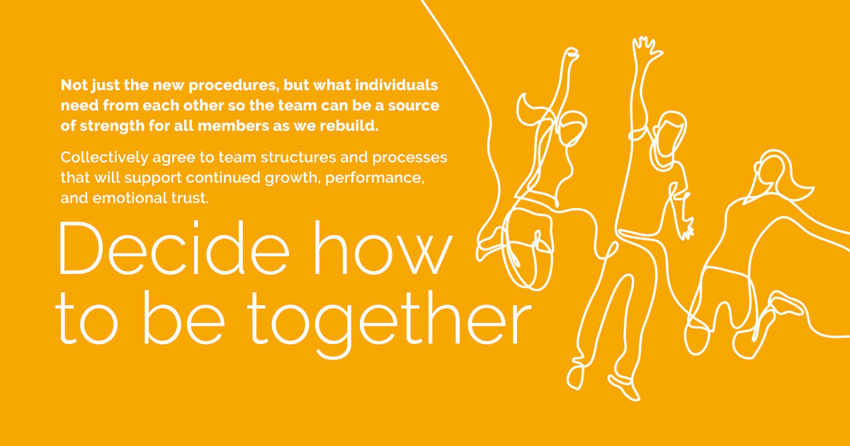 Decide how to be together  Not just the new procedures, but what individuals need from each other so the team can be a source of strength for all members as we rebuild. Collectively agree to team structures and processes that will support continued growth, performance, and emotional trust.